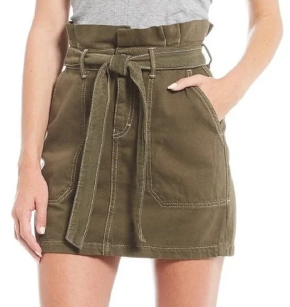 Free People Army Green Splendor in the Grass Denim Paperbag Skirt Size 8